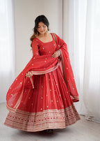 Pure Red Crunchy Silk Fancy Embroidery Suit Set With Dupatta