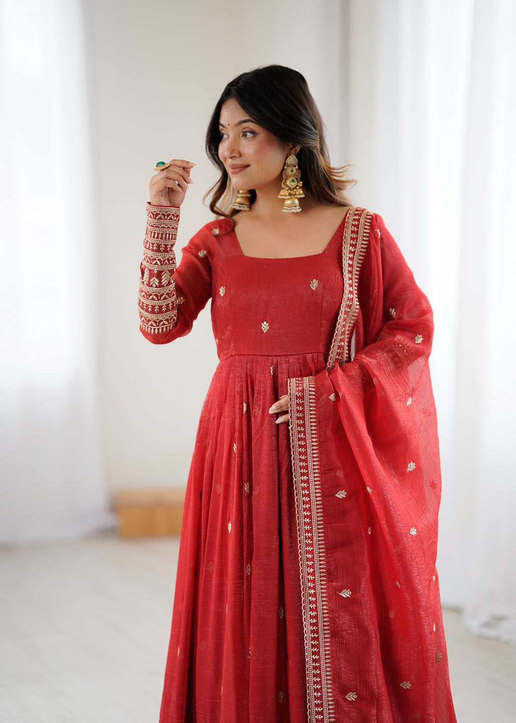 Pure Red Crunchy Silk Fancy Embroidery Suit Set With Dupatta