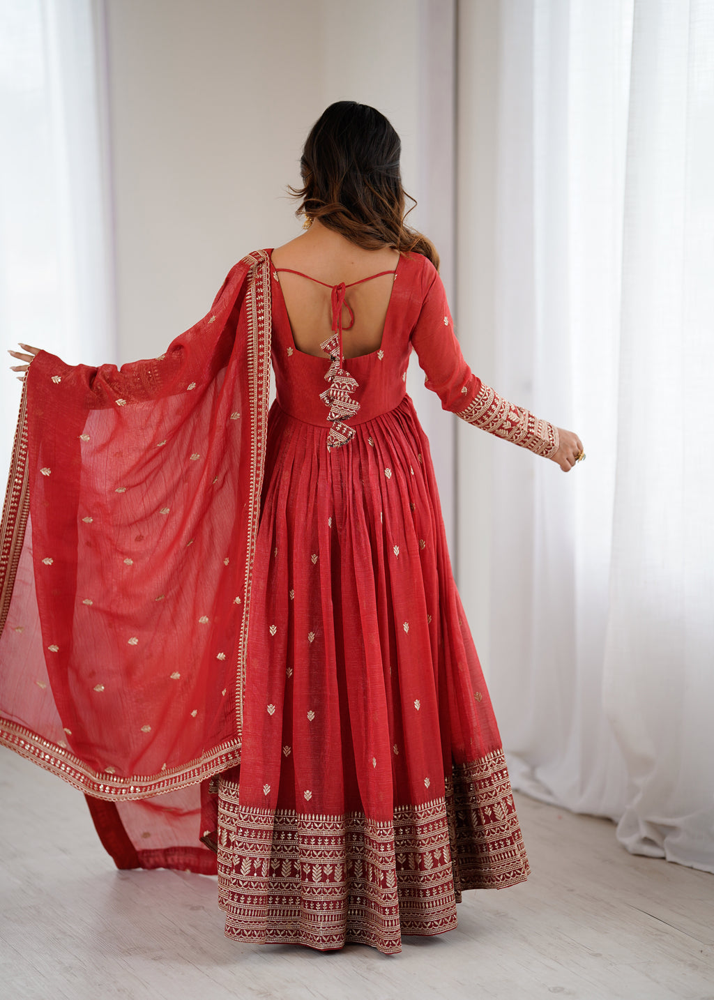 Pure Red Crunchy Silk Fancy Embroidery Suit Set With Dupatta