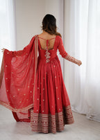 Pure Red Crunchy Silk Fancy Embroidery Suit Set With Dupatta