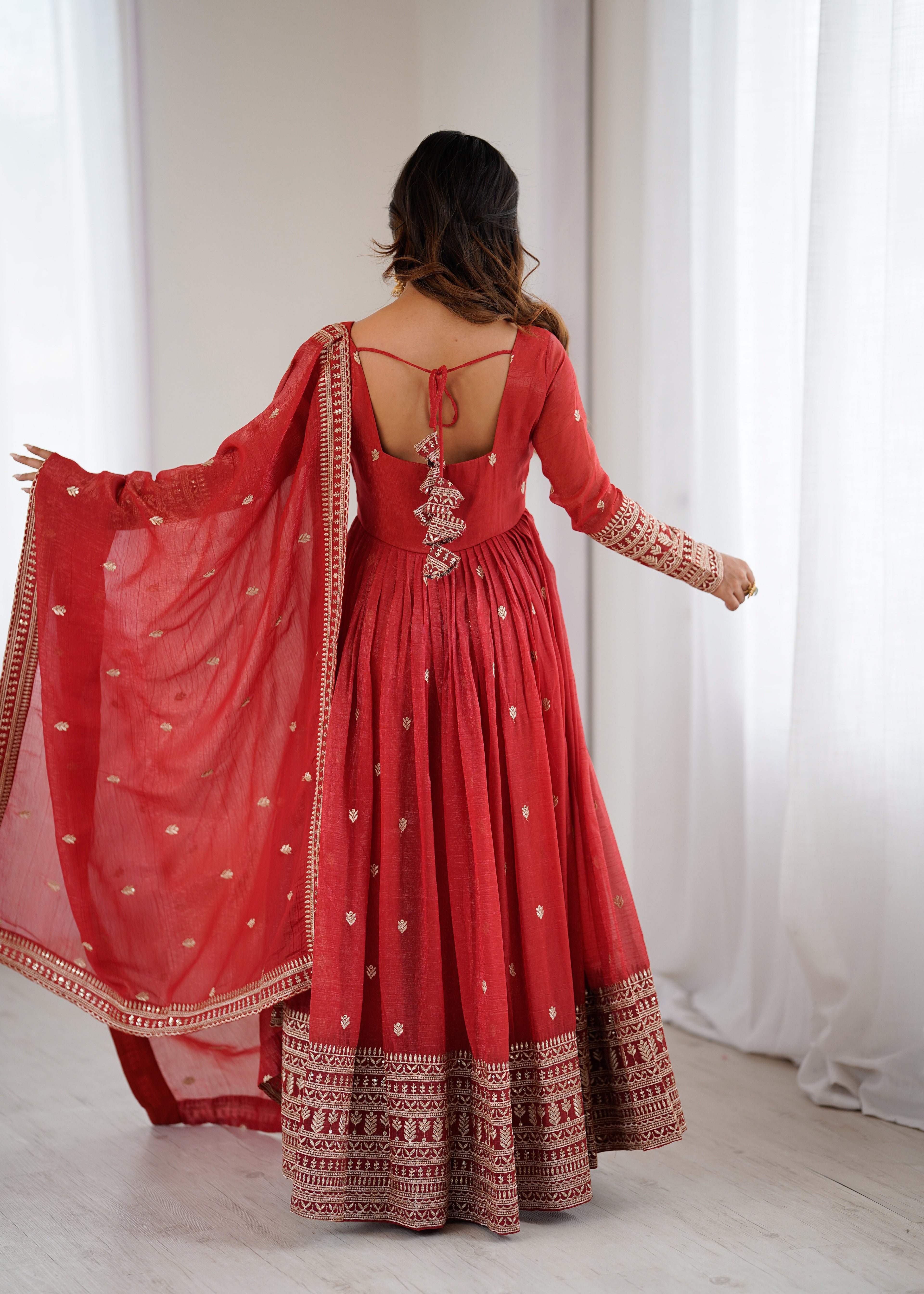 Pure Red Crunchy Silk Fancy Embroidery Suit Set With Dupatta