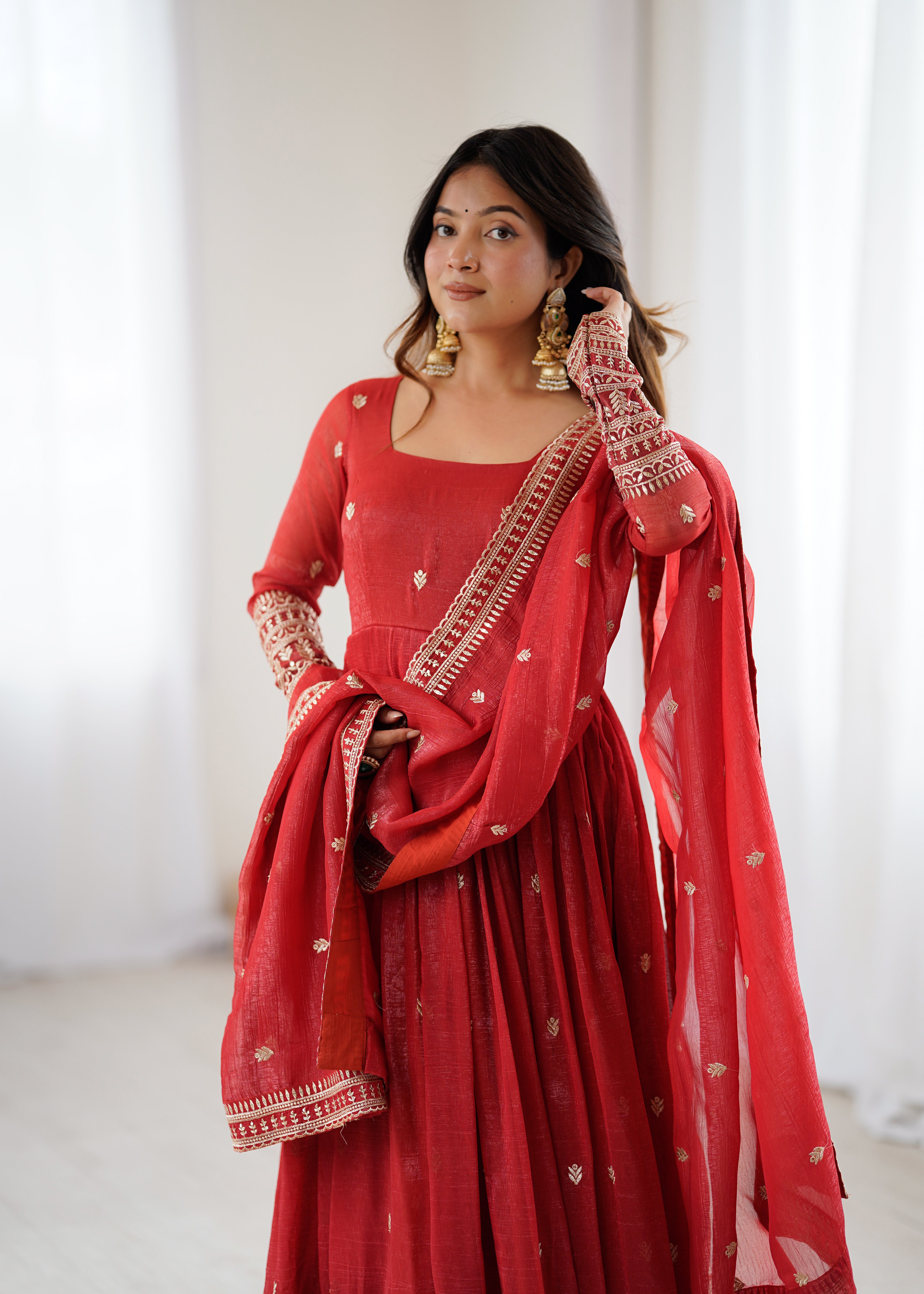 Pure Red Crunchy Silk Fancy Embroidery Suit Set With Dupatta