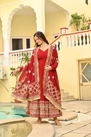Red Embroidered Wedding Gown With Dupatta