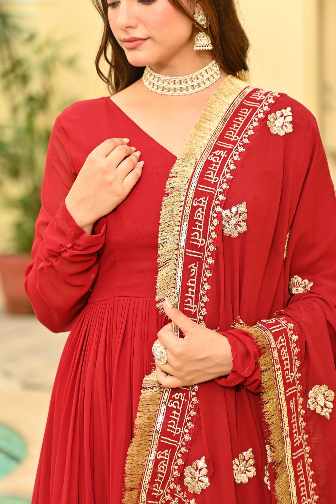 Red Embroidered Wedding Gown With Dupatta