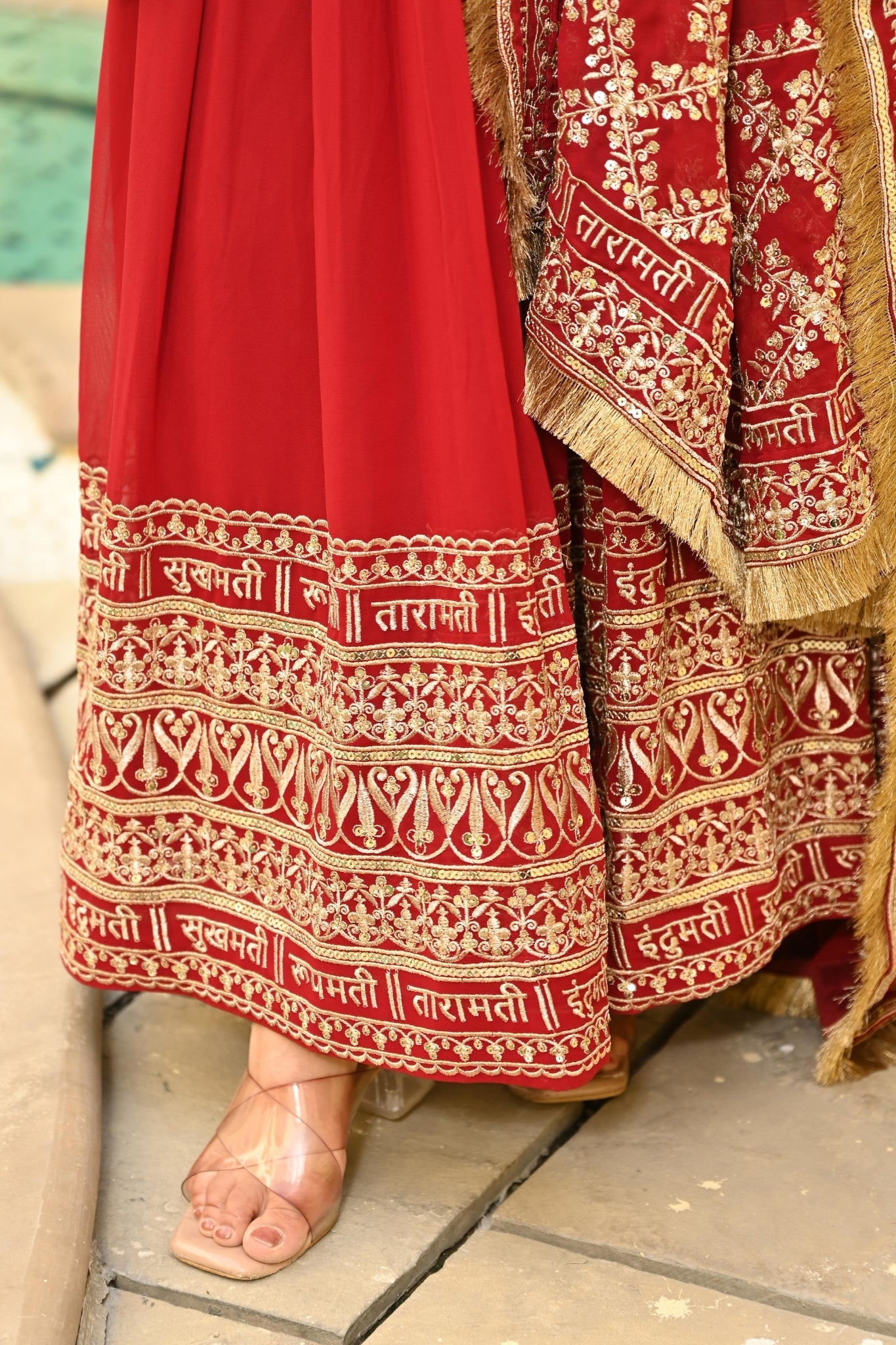 Red Embroidered Wedding Gown With Dupatta