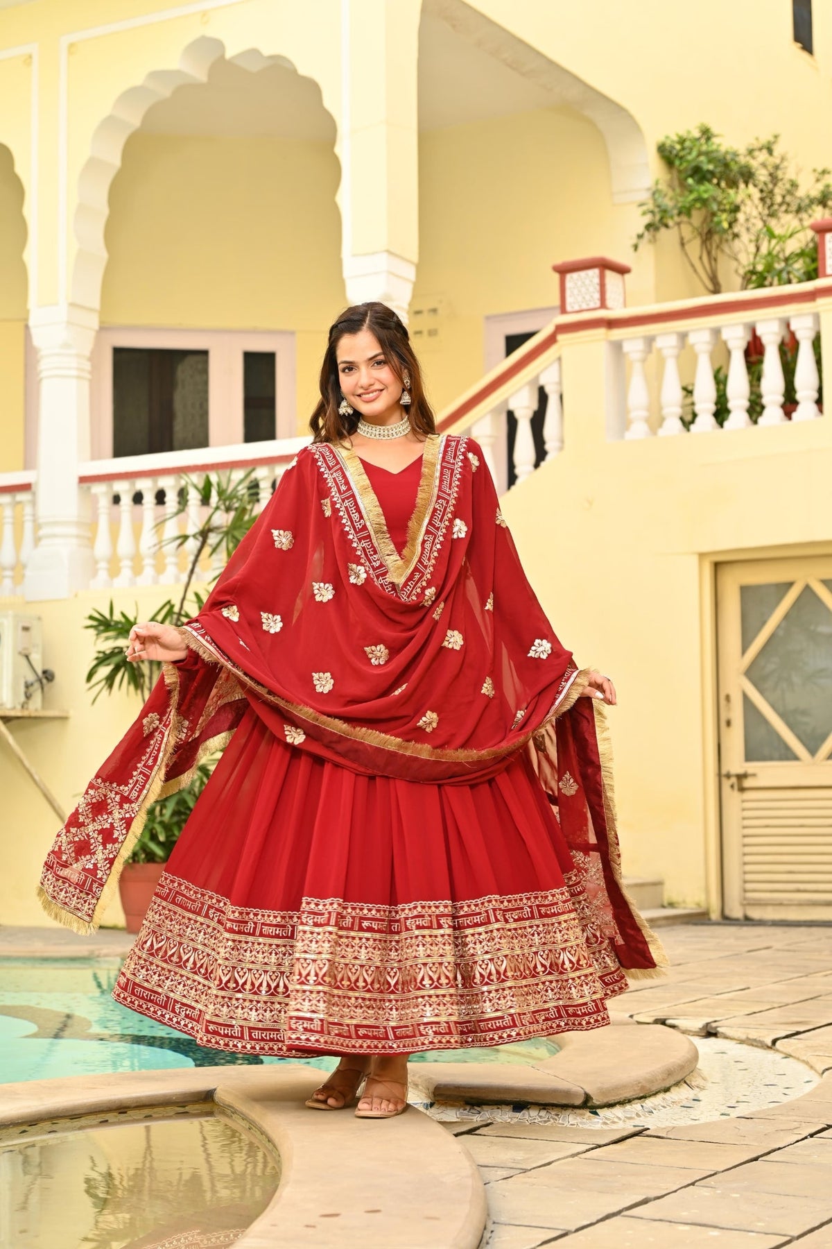 Red Embroidered Wedding Gown With Dupatta