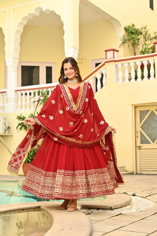 Red Embroidered Wedding Gown With Dupatta