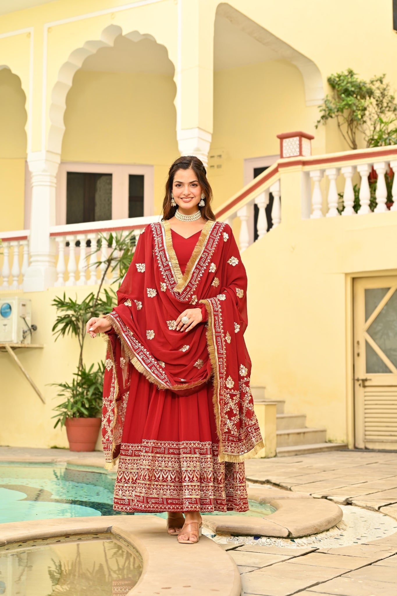 Red Embroidered Wedding Gown With Dupatta