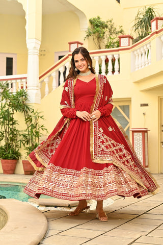 Red Embroidered Wedding Gown With Dupatta