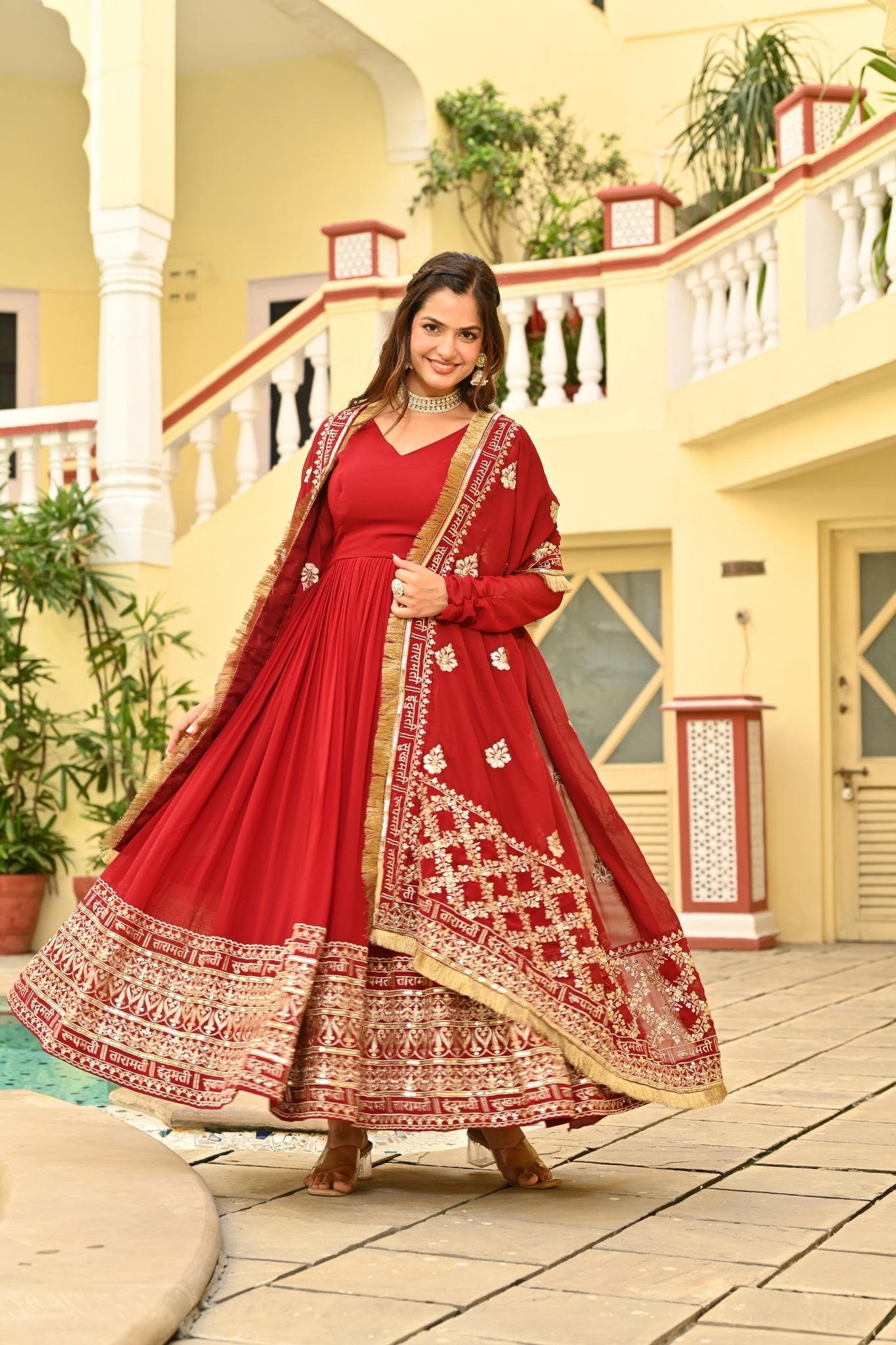 Red Embroidered Wedding Gown With Dupatta