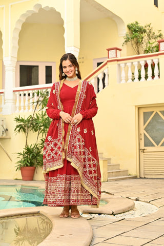 Red Embroidered Wedding Gown With Dupatta