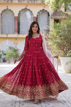 Red Color Faux Blooming with Embroidery Zari Sequins work
