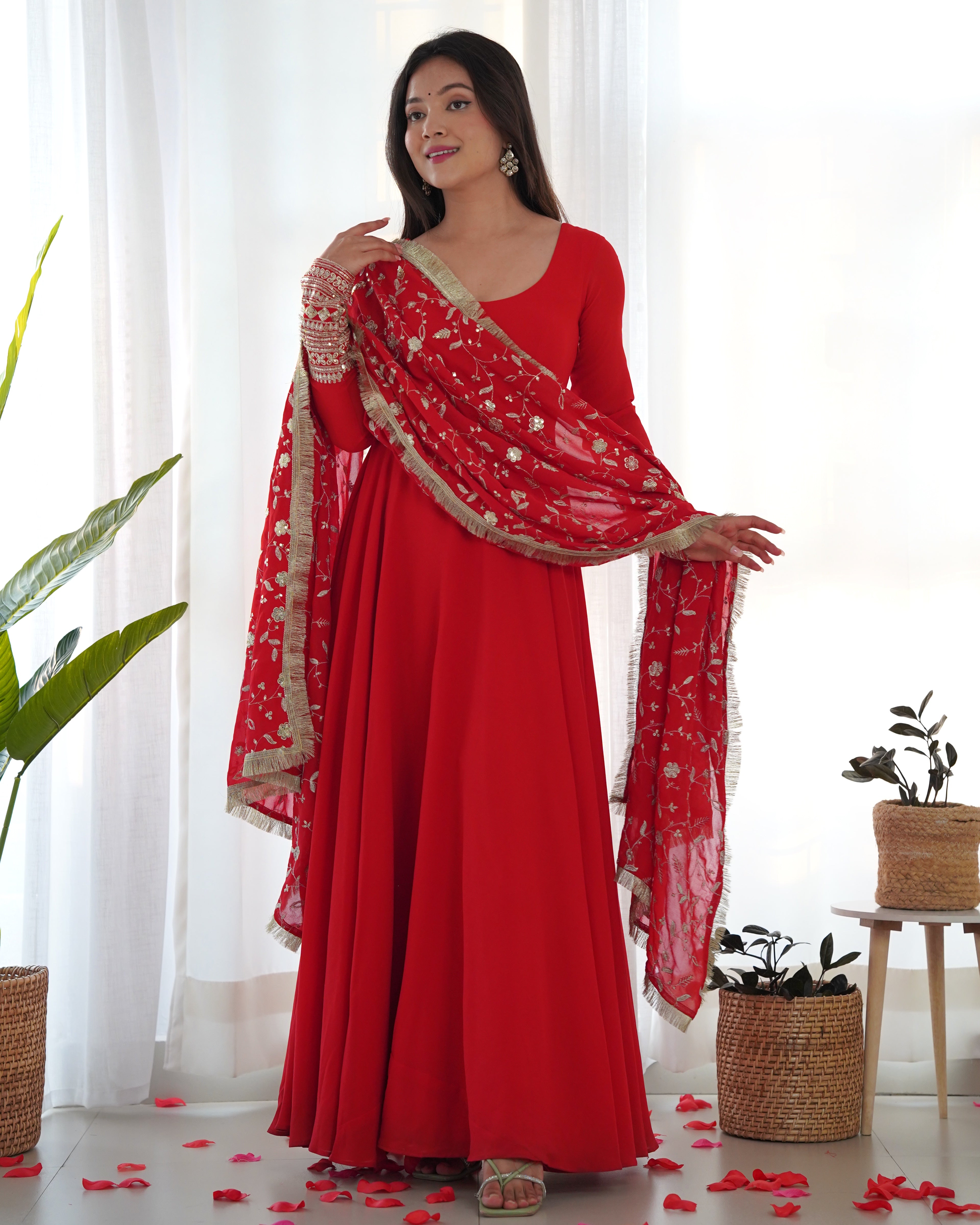 Red Color Pure Faux Georgette Kurti With Huge Flair Comes With Duppatta & Pant

