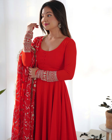 
Red Color Pure Faux Georgette Kurti With Huge Flair Comes With Duppatta & Pant