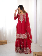 Modern Red Faux Georgette Sharara with Peal Detailing Work
