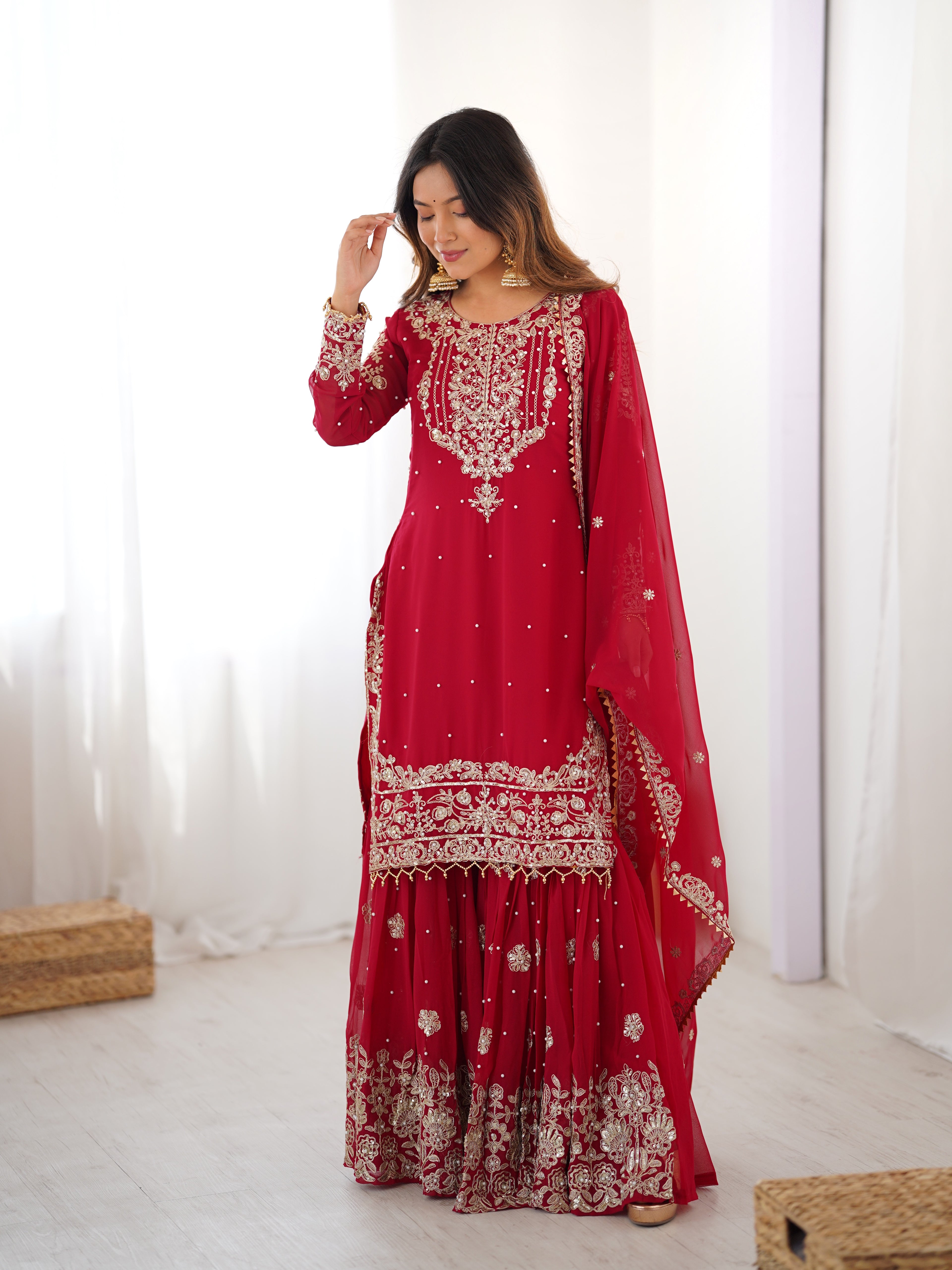 Modern Red Faux Georgette Sharara with Peal Detailing Work
