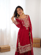 Modern Red Faux Georgette Sharara with Peal Detailing Work
