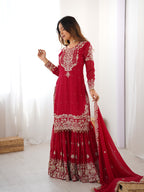 Modern Red Faux Georgette Sharara with Peal Detailing Work
