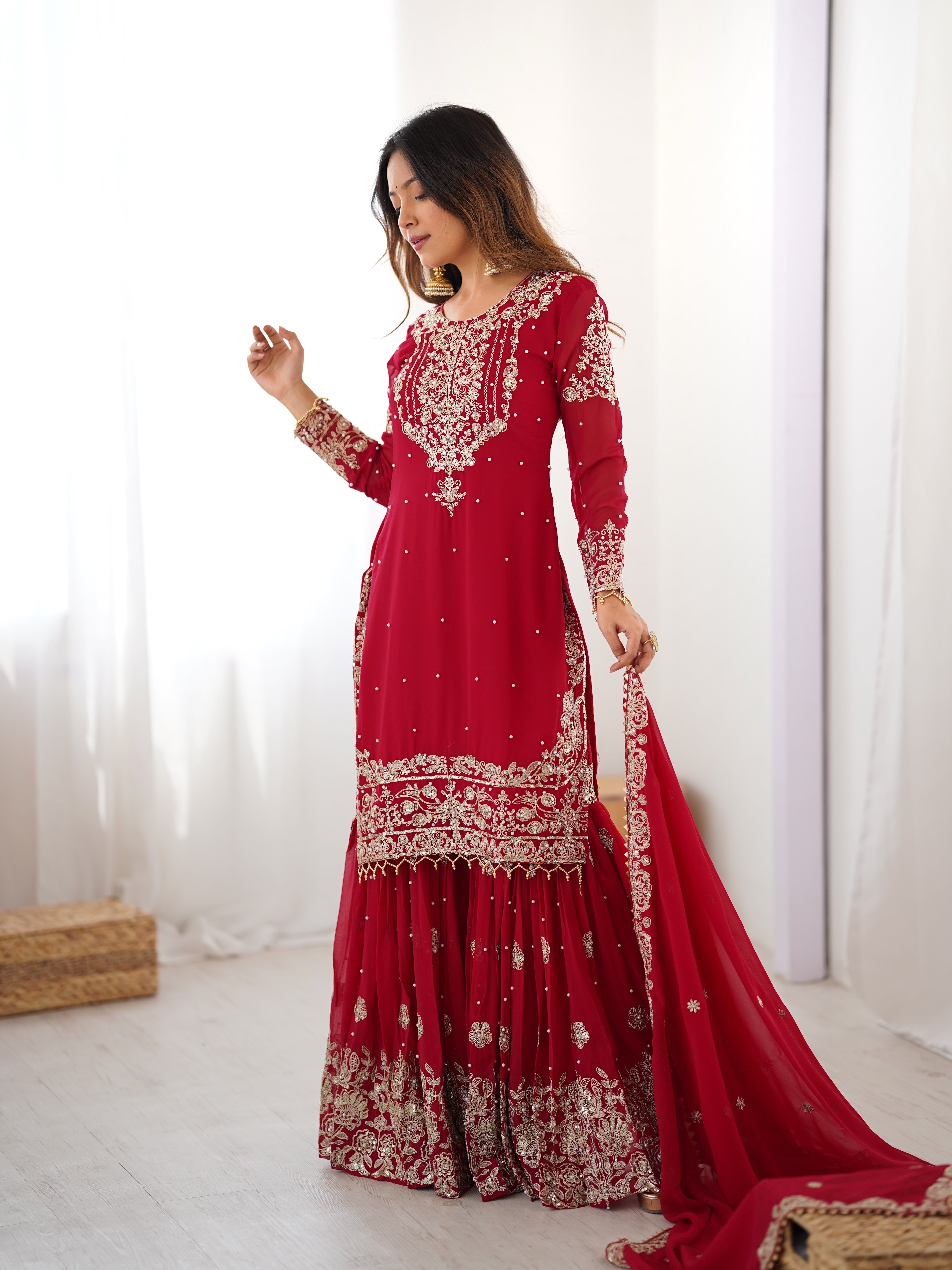 Modern Red Faux Georgette Sharara with Peal Detailing Work
