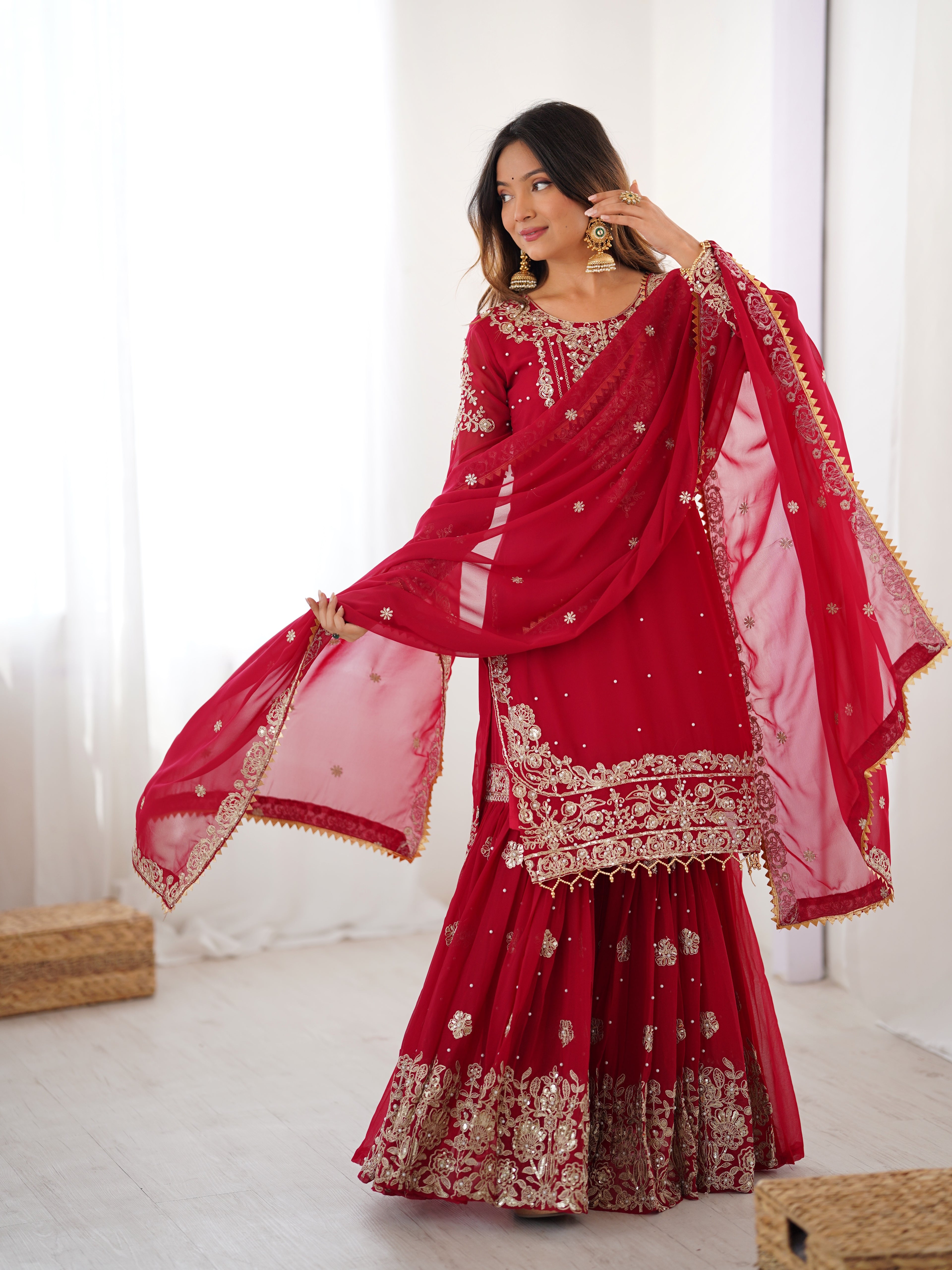 Modern Red Faux Georgette Sharara with Peal Detailing Work
