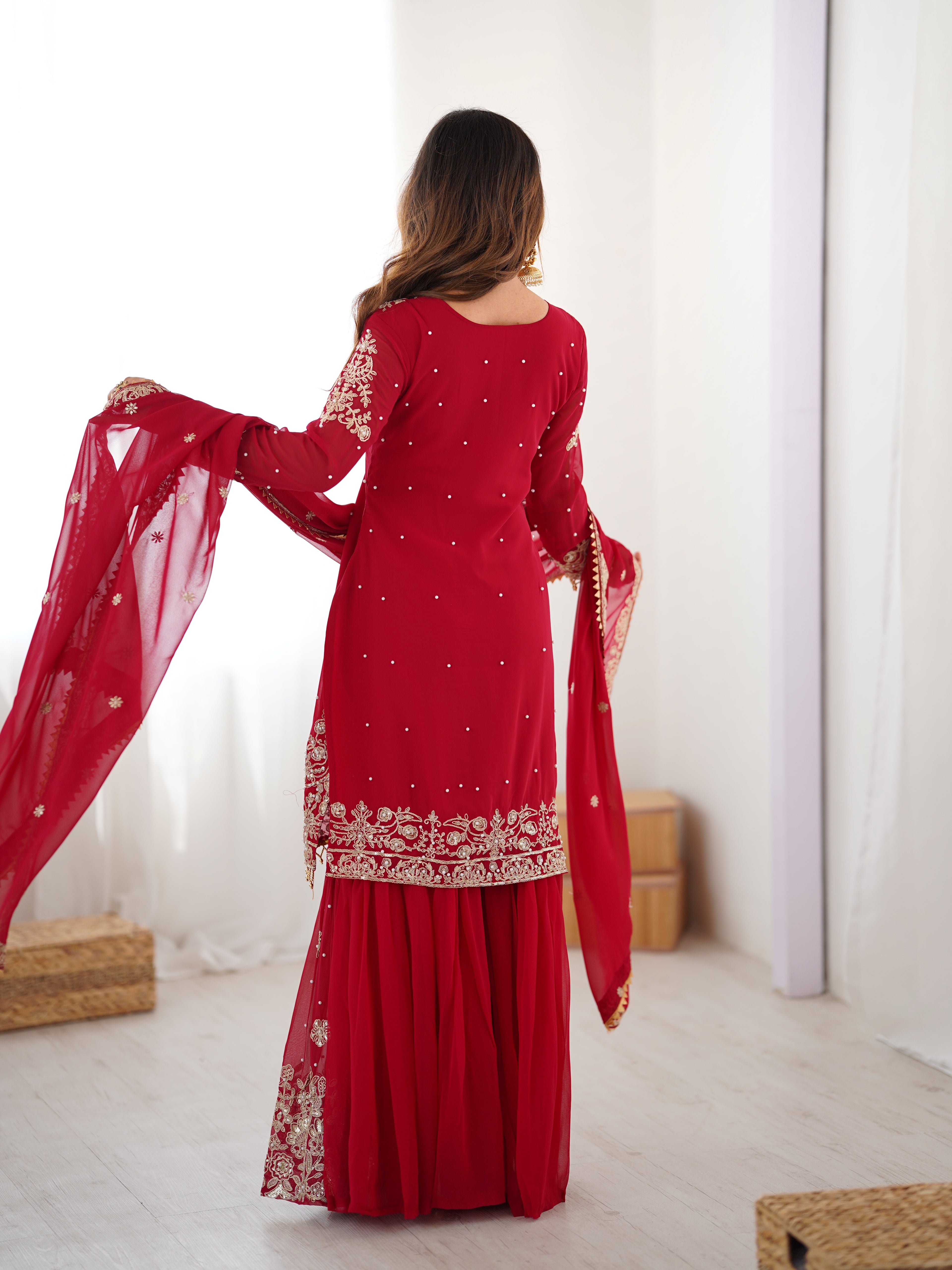 Modern Red Faux Georgette Sharara with Peal Detailing Work
