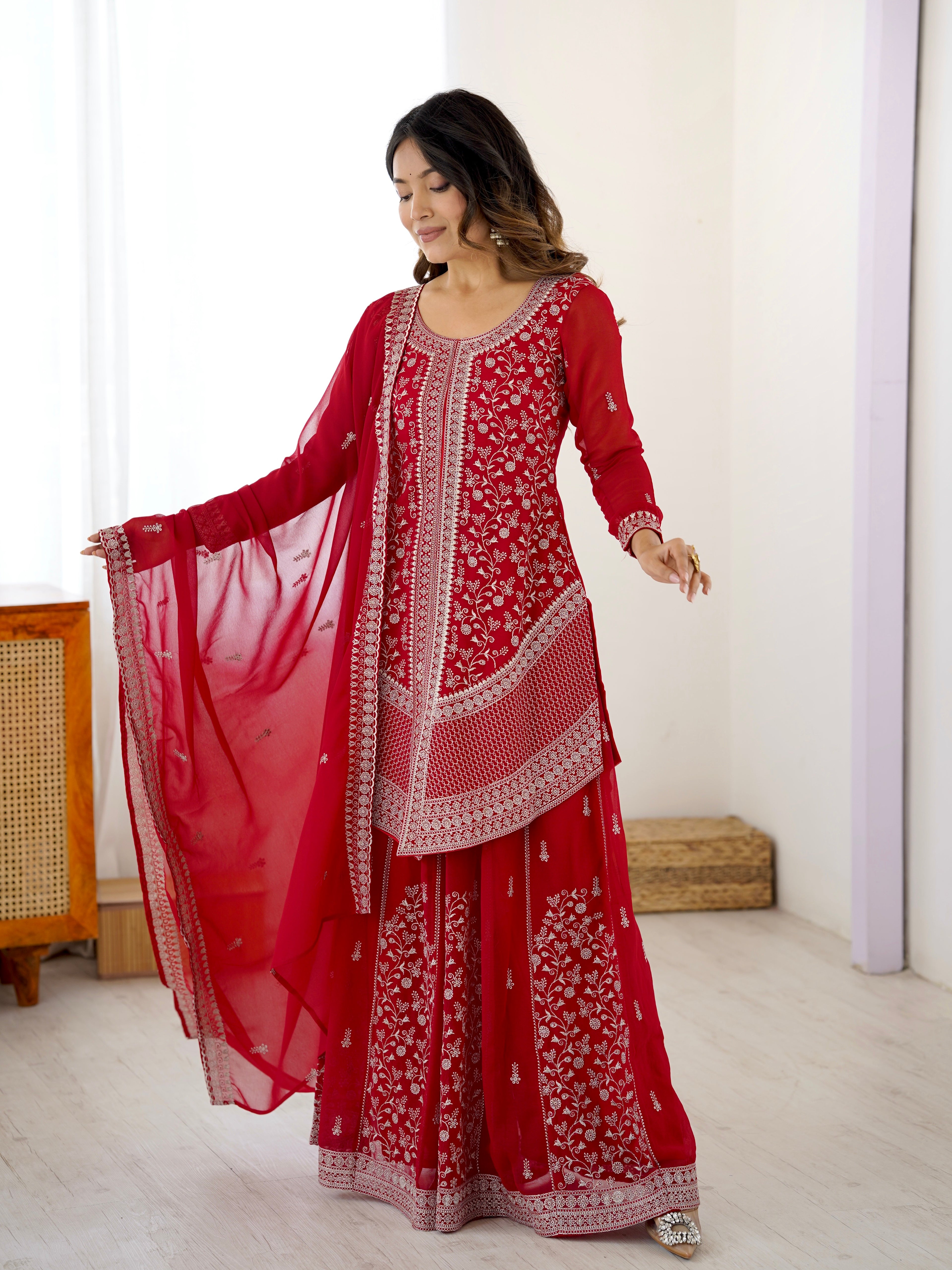 Festive Wear Red Faux Georgette Designer Top with Plazo and Dupatta
