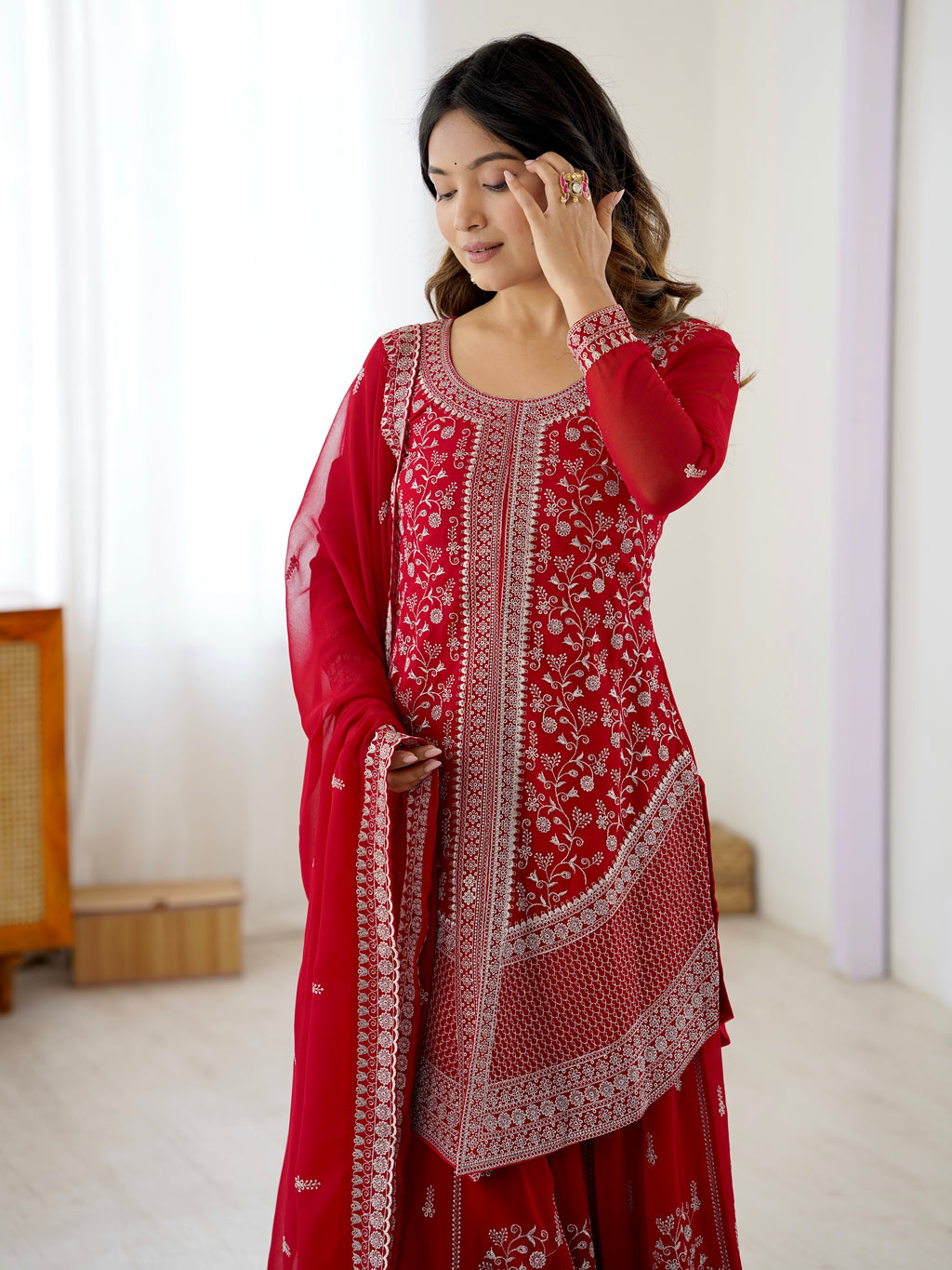 Festive Wear Red Faux Georgette Designer Top with Plazo and Dupatta
