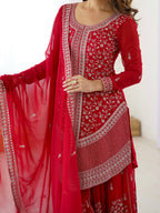 Festive Wear Red Faux Georgette Designer Top with Plazo and Dupatta
