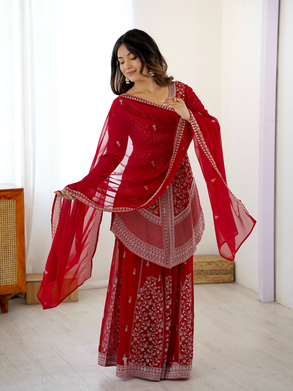 Festive Wear Red Faux Georgette Designer Top with Plazo and Dupatta
