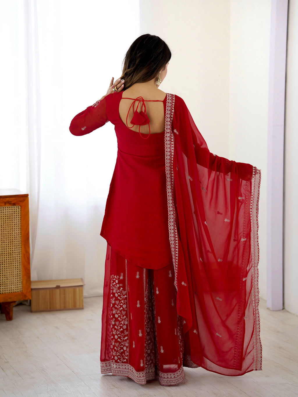 Festive Wear Red Faux Georgette Designer Top with Plazo and Dupatta
