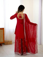 Festive Wear Red Faux Georgette Designer Top with Plazo and Dupatta
