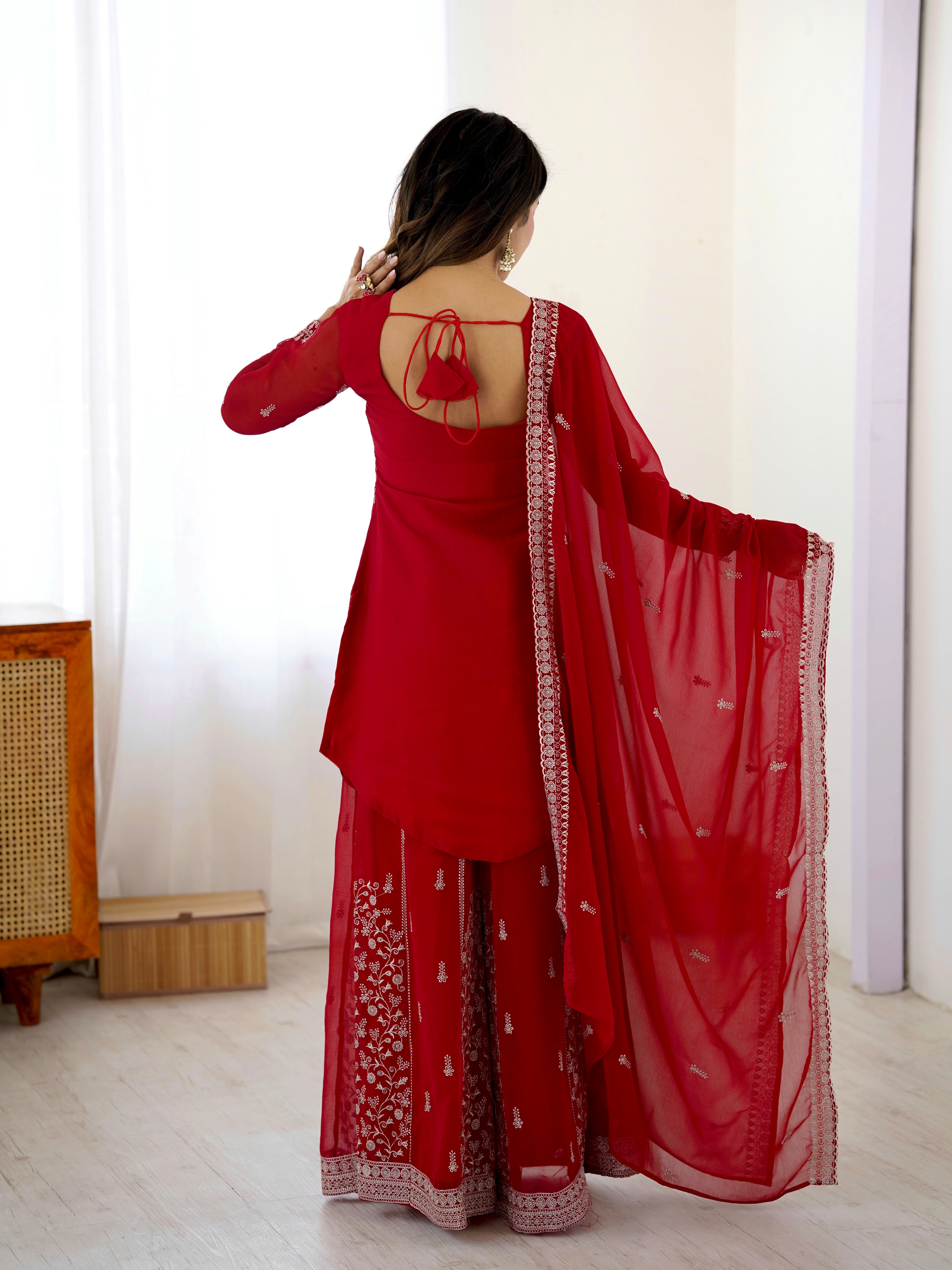 Festive Wear Red Faux Georgette Designer Top with Plazo and Dupatta
