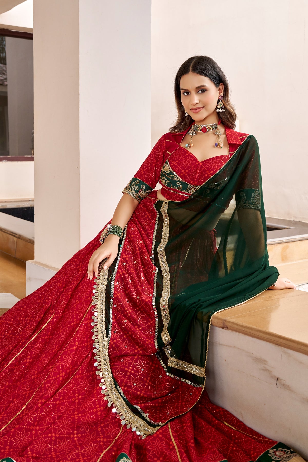 Red Georgette Bandhej Print Lehenga Set | Tulip Designer
