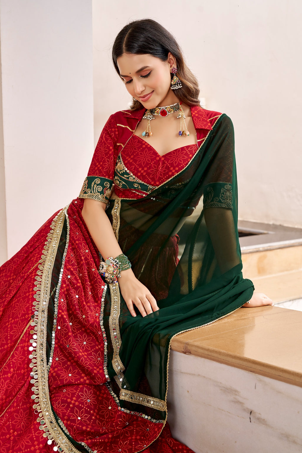 Red Georgette Bandhej Print Lehenga Set | Tulip Designer
