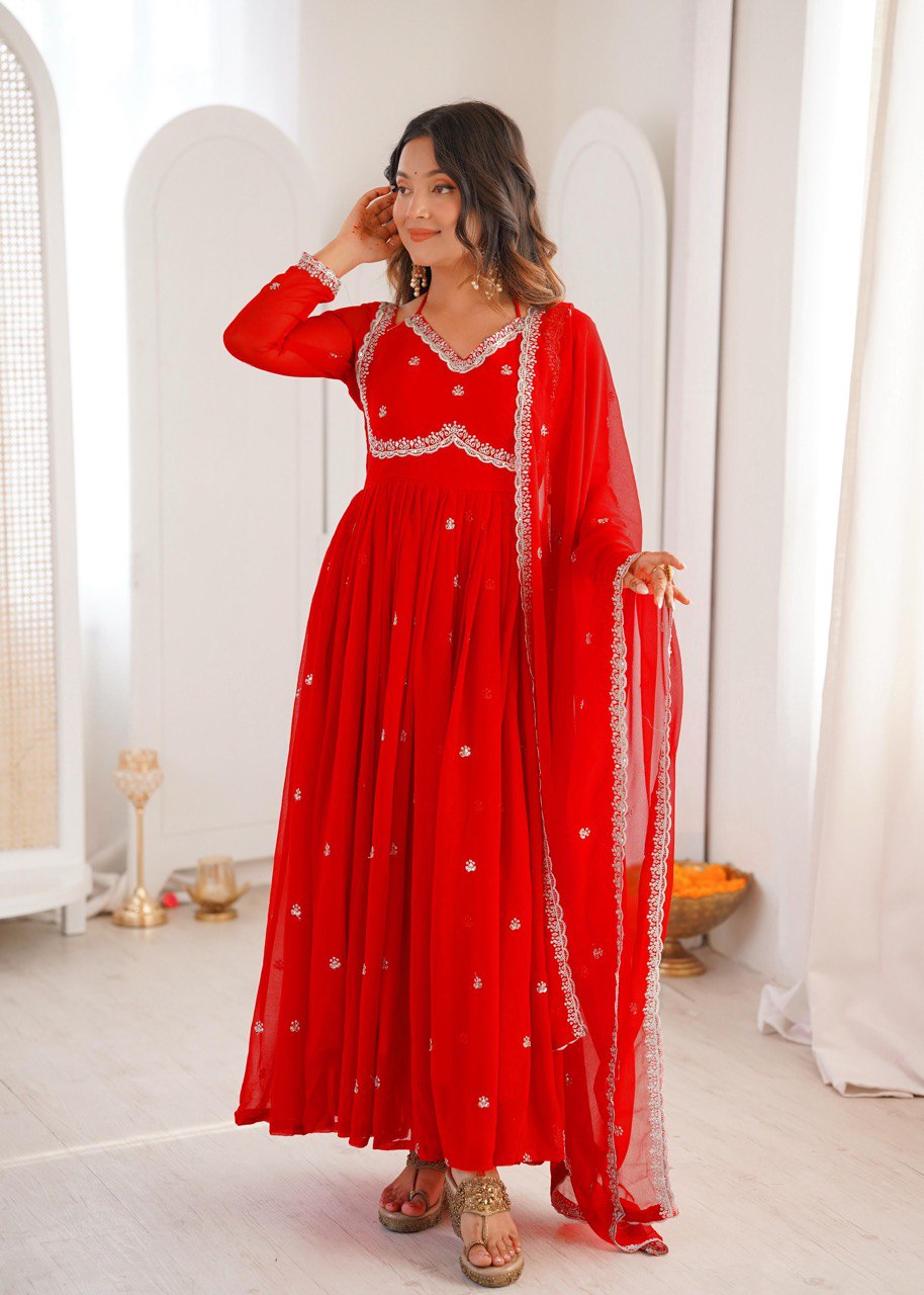 Red Premium Georgette Gown–Pant Set with Embroidered Dupatta