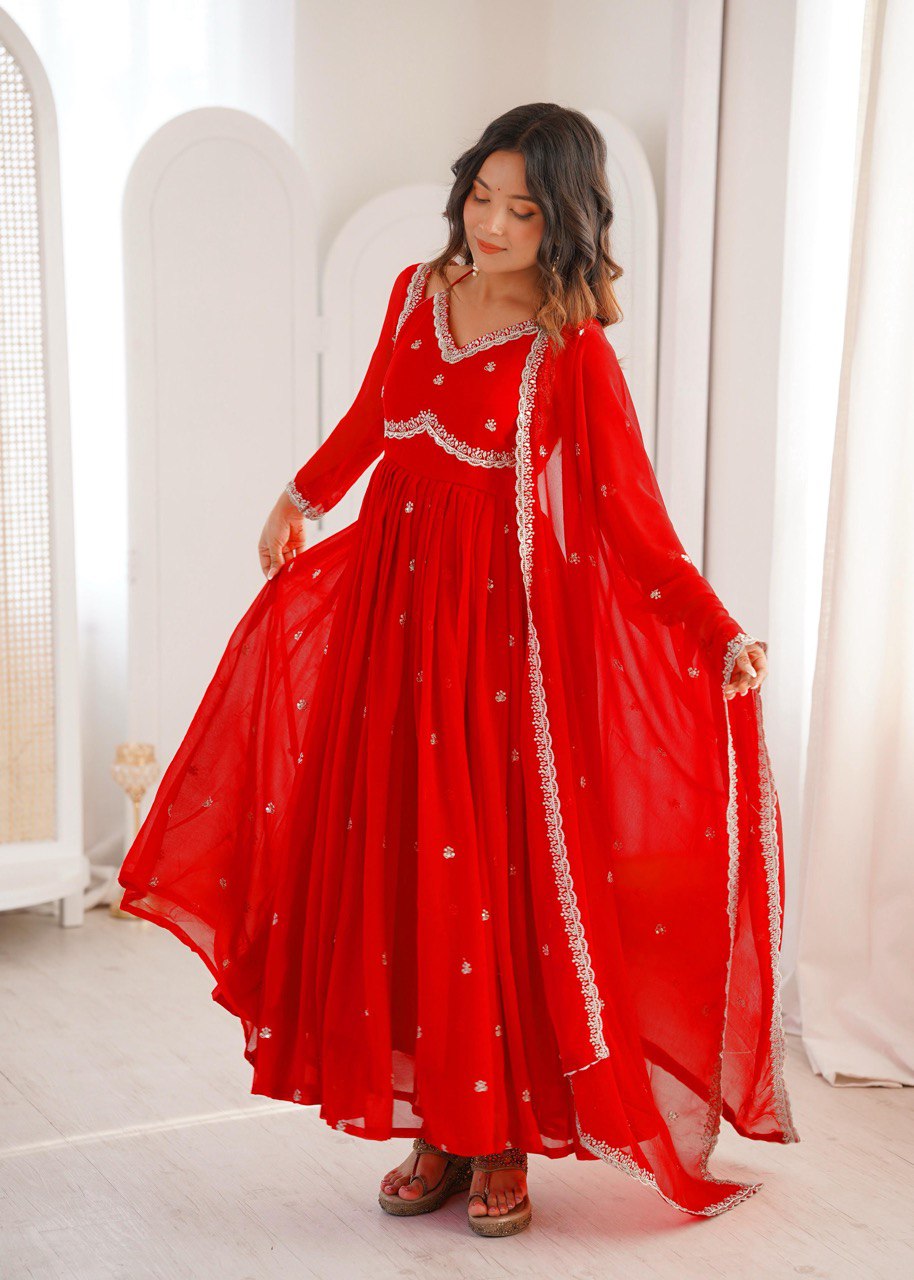Red Premium Georgette Gown–Pant Set with Embroidered Dupatta
