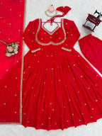 Red Premium Georgette Gown–Pant Set with Embroidered Dupatta