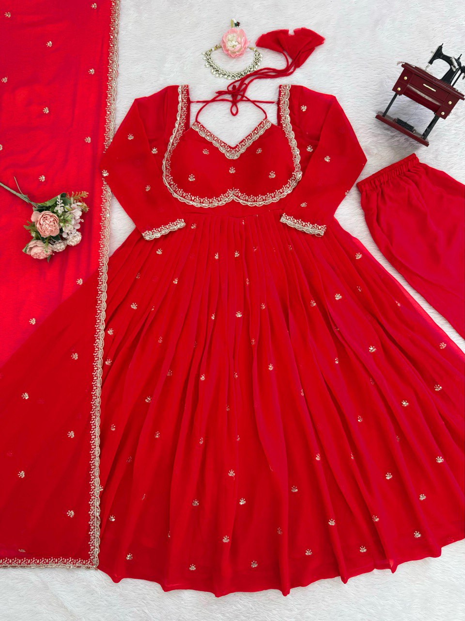 Red Premium Georgette Gown–Pant Set with Embroidered Dupatta