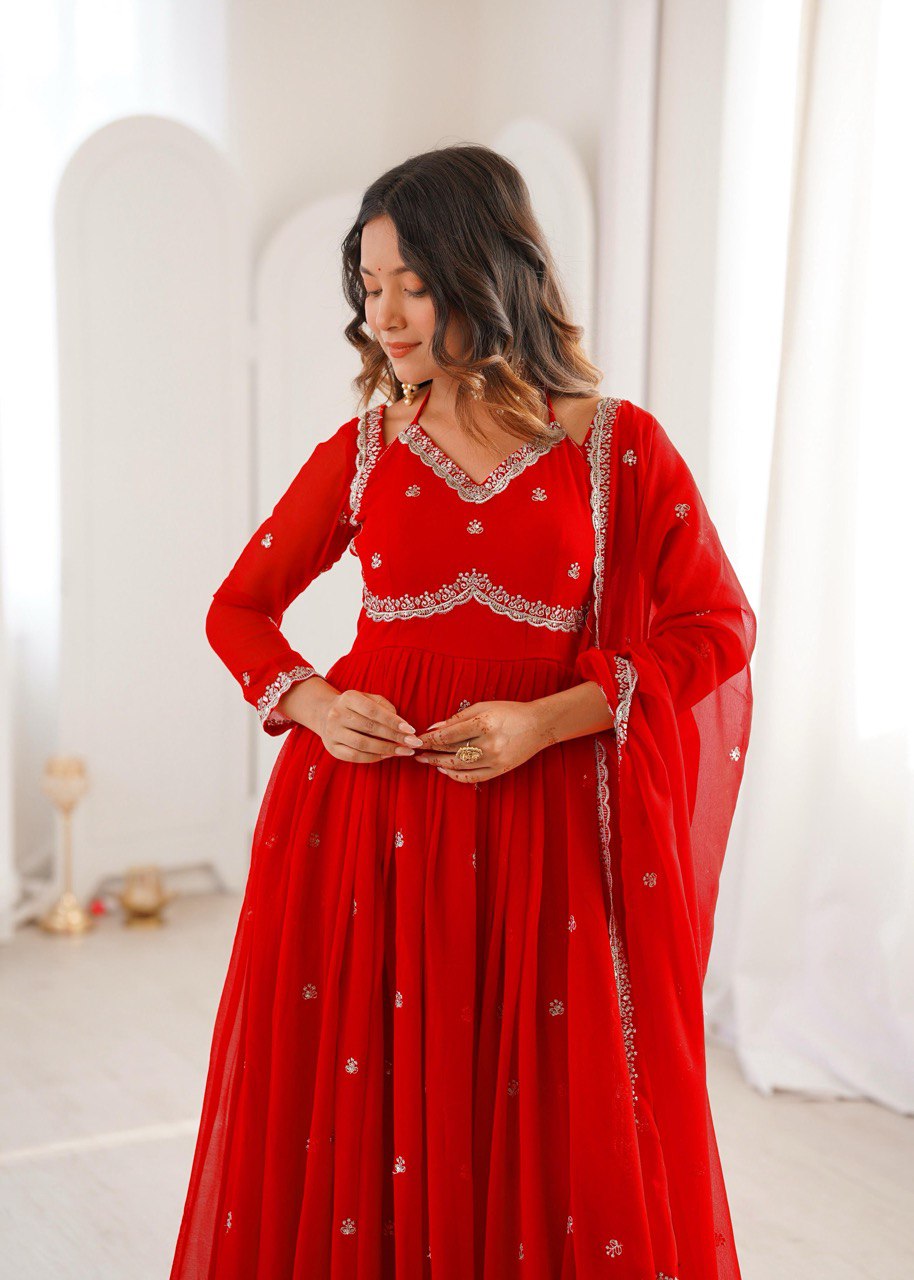 Red Premium Georgette Gown–Pant Set with Embroidered Dupatta