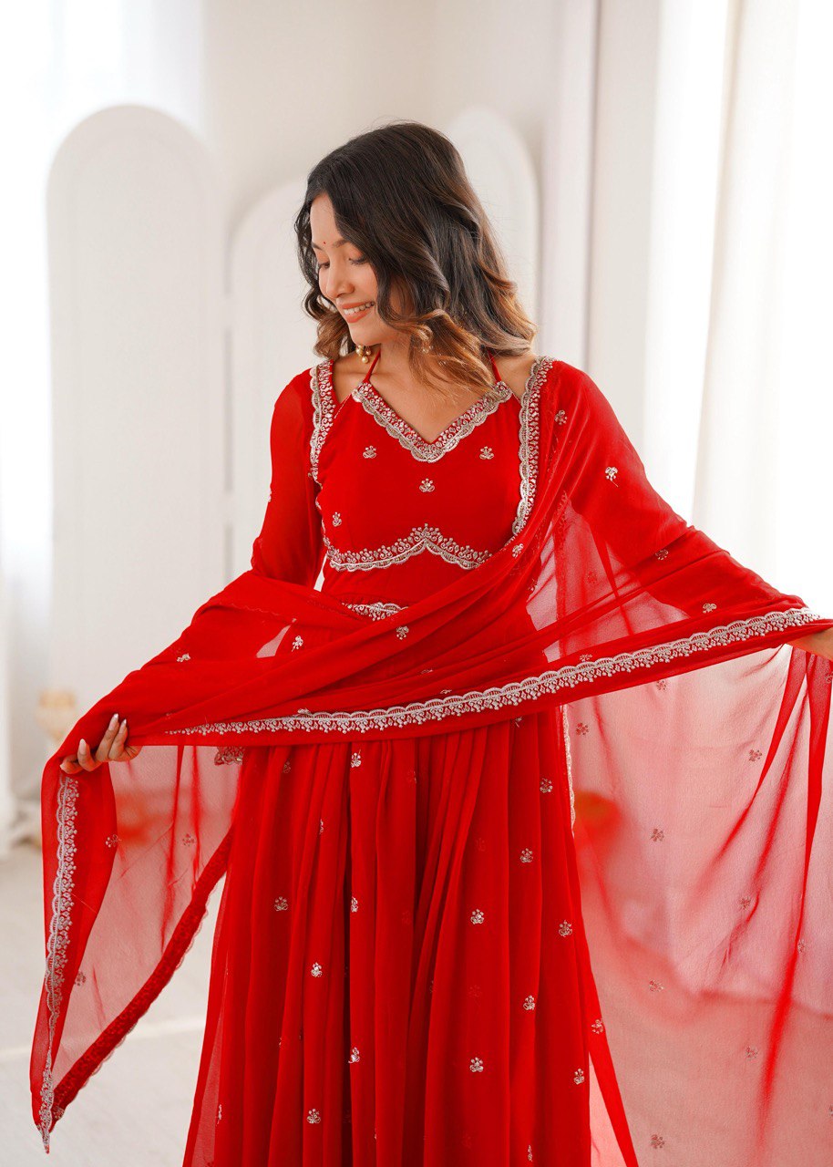 Red Premium Georgette Gown–Pant Set with Embroidered Dupatta