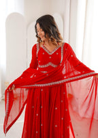 Red Premium Georgette Gown–Pant Set with Embroidered Dupatta