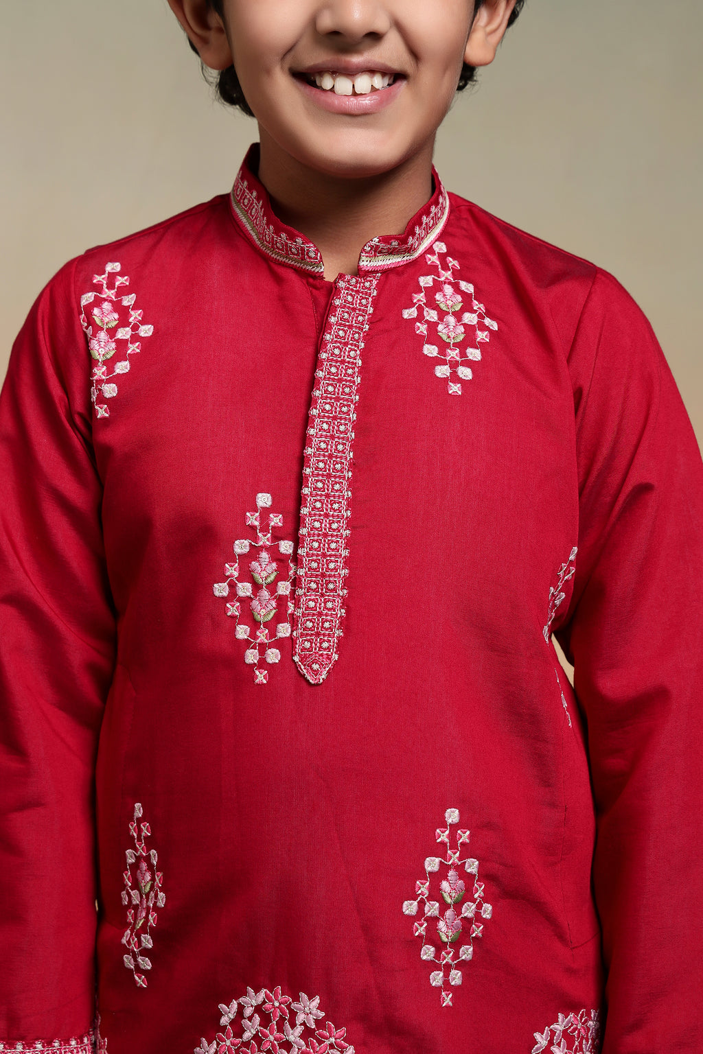Royal Red Embroidered Work Kurta & Pant For Kids Wear