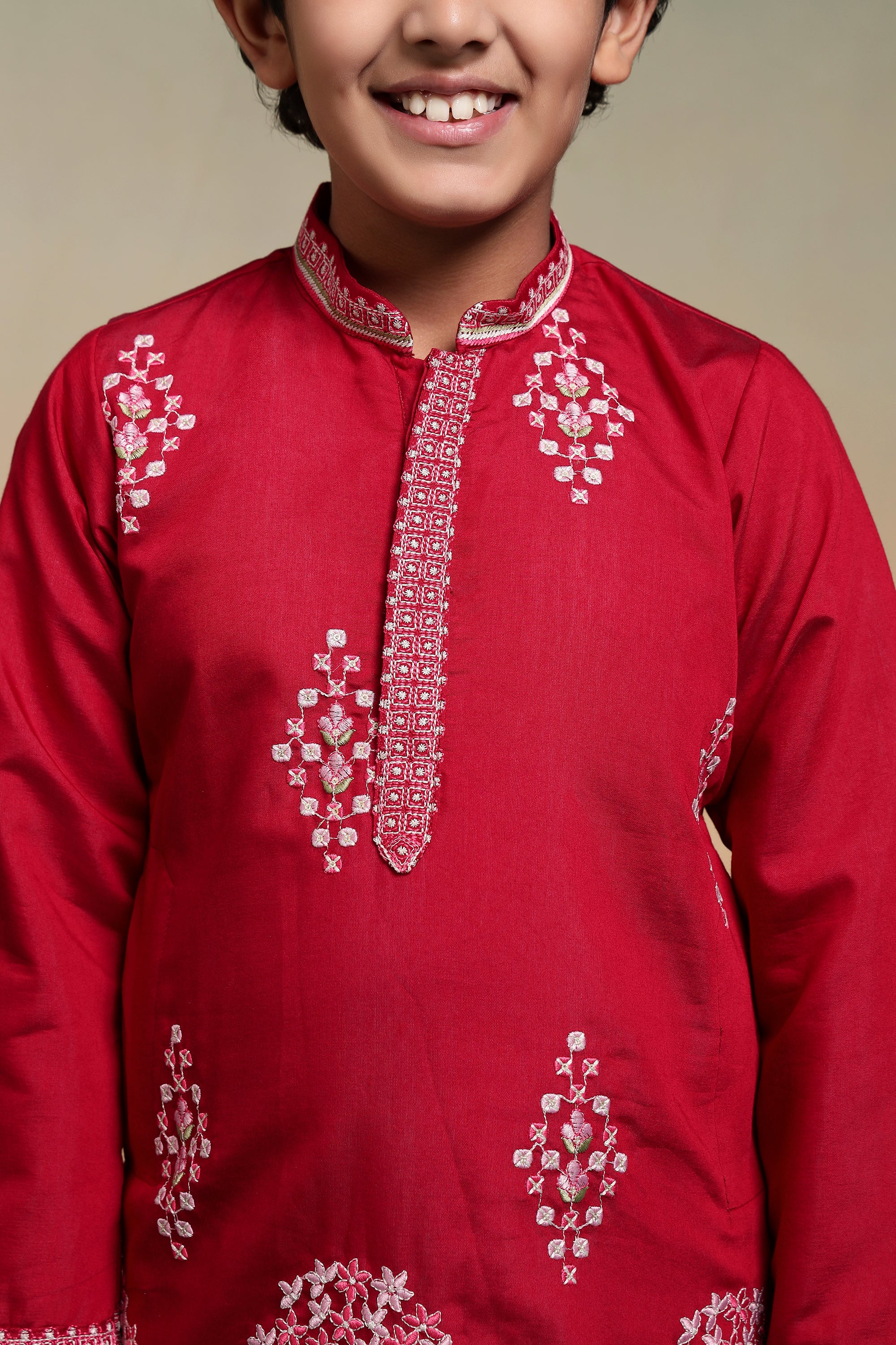 Royal Red Embroidered Work Kurta & Pant For Kids Wear
