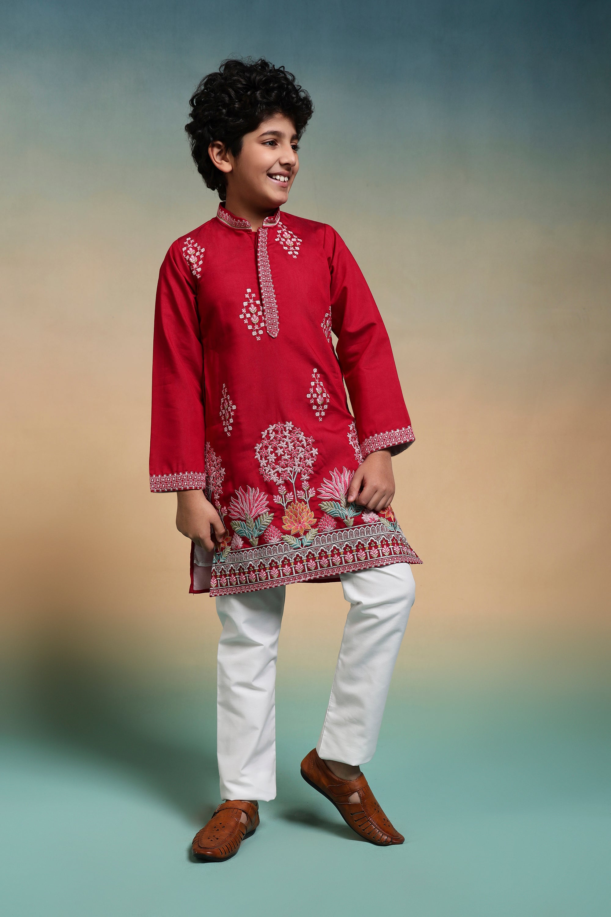 Royal Red Embroidered Work Kurta & Pant For Kids Wear