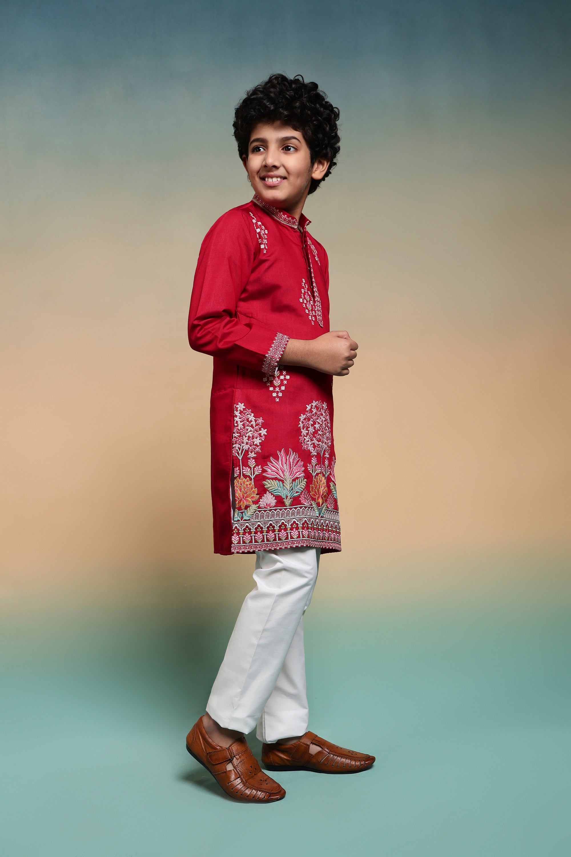 Royal Red Embroidered Work Kurta & Pant For Kids Wear