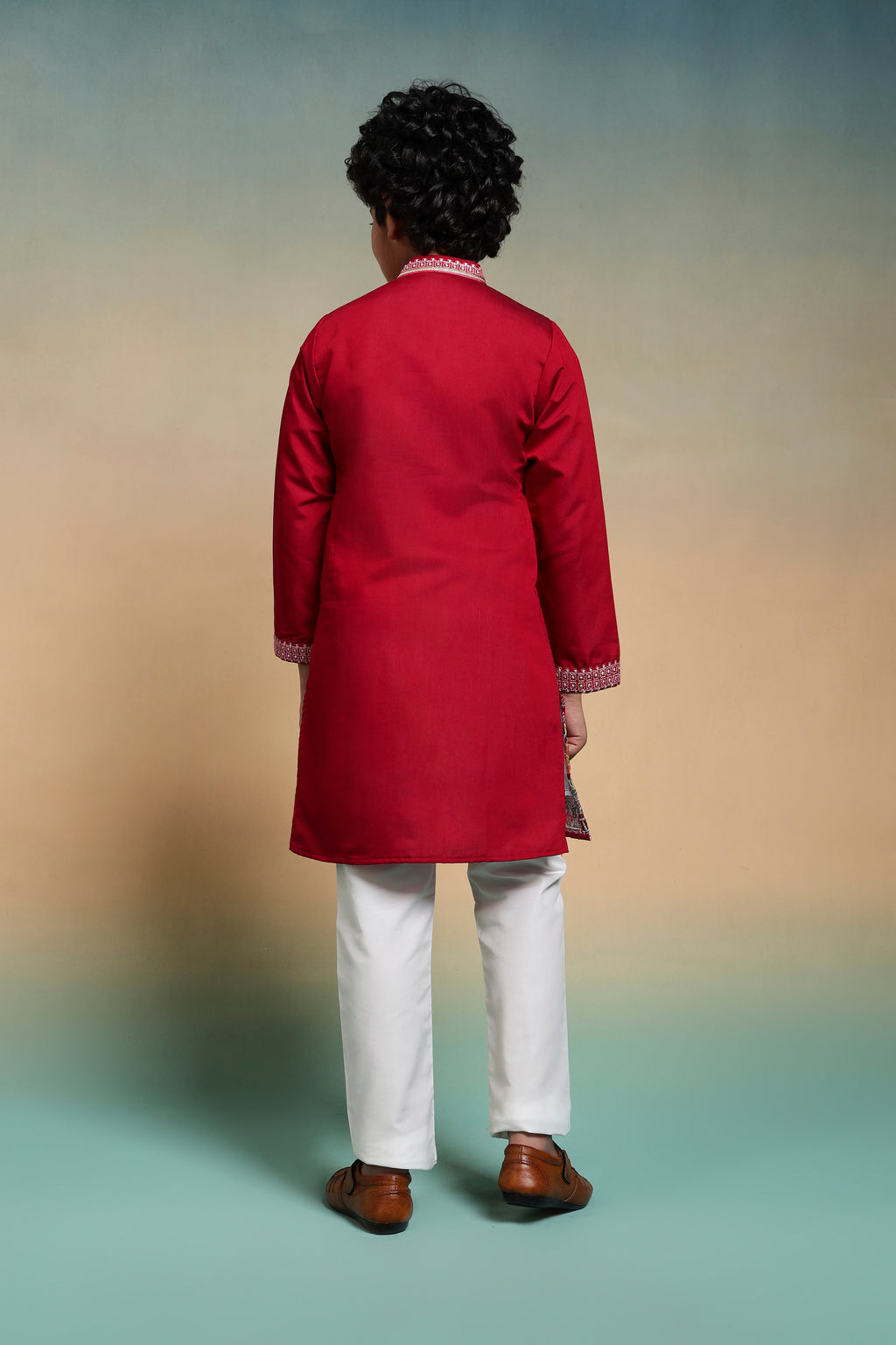 Royal Red Embroidered Work Kurta & Pant For Kids Wear
