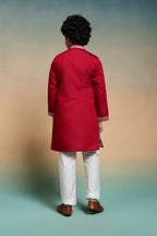 Royal Red Embroidered Work Kurta & Pant For Kids Wear