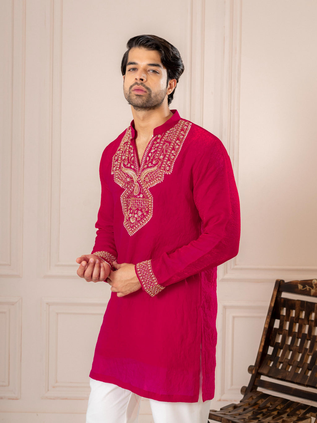 Red Premium Crush Beads Work Mens Kurta | Tulip Designer
