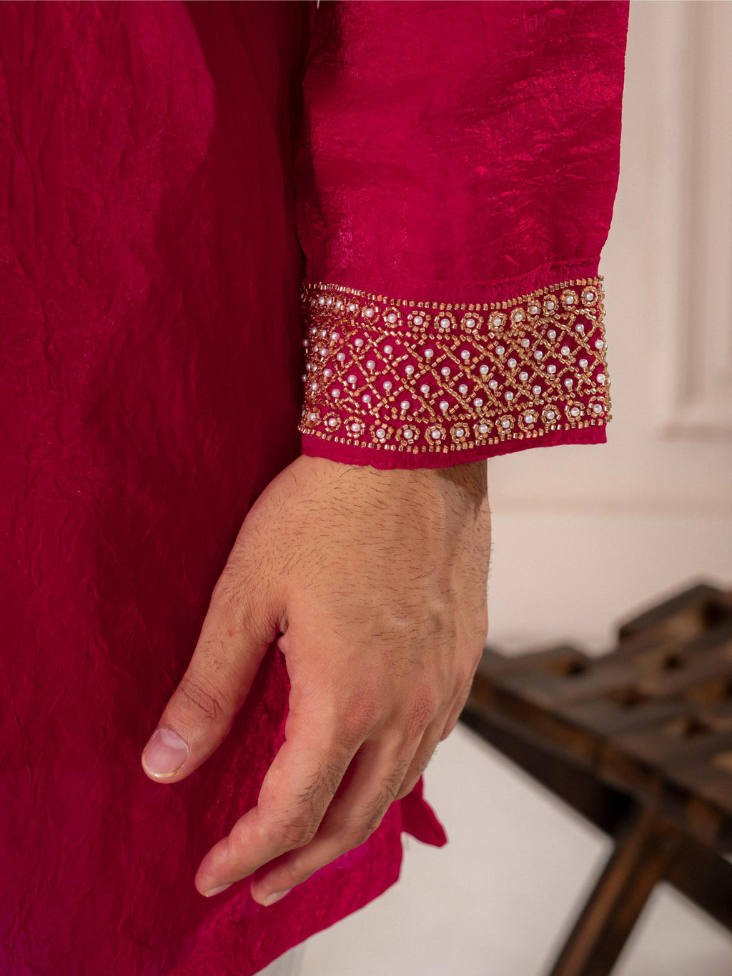 Red Premium Crush Beads Work Mens Kurta | Tulip Designer
