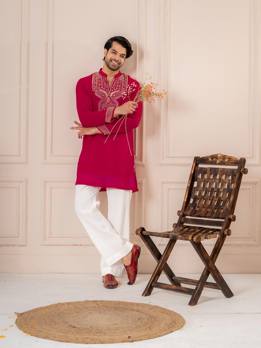 Red Premium Crush Beads Work Mens Kurta | Tulip Designer
